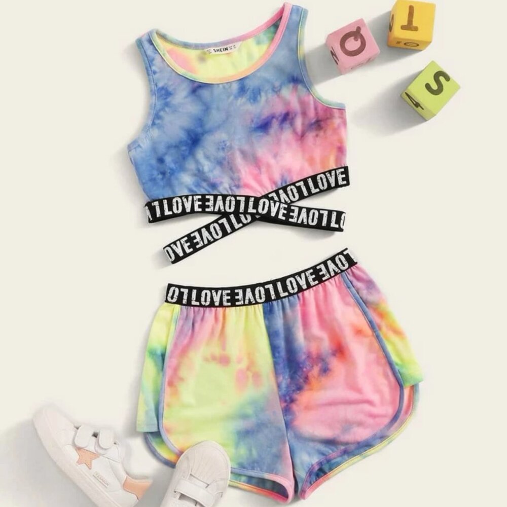 Girl Tie Dye Letter Tape Tank Top & Track Shorts Set 7